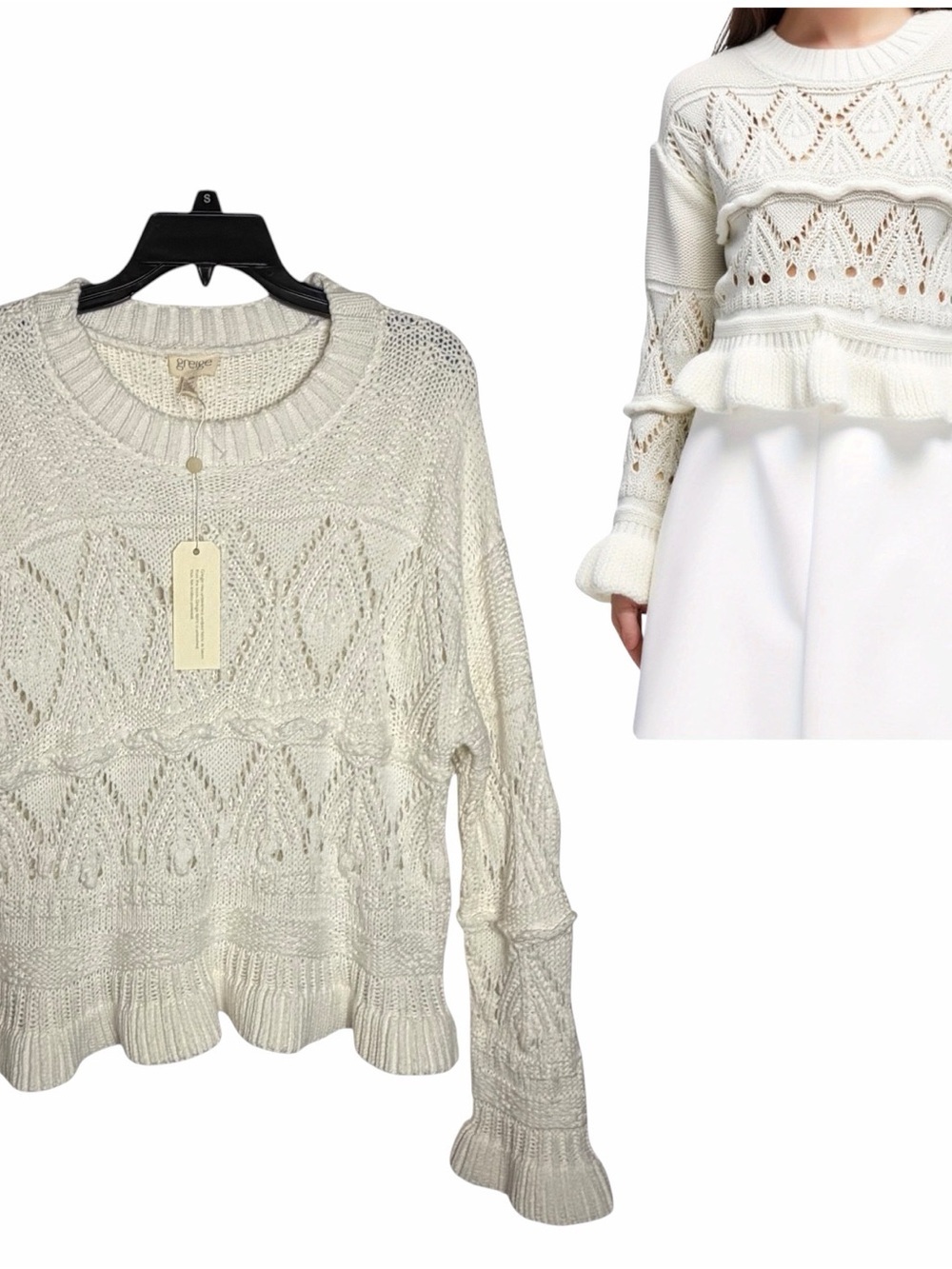 NWT Greige White Cottagecore Crochet Sweater Ruffled Hem Knit Pullover Size L